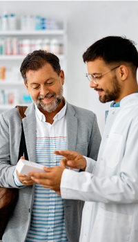 male pharmacist consulting with female customer